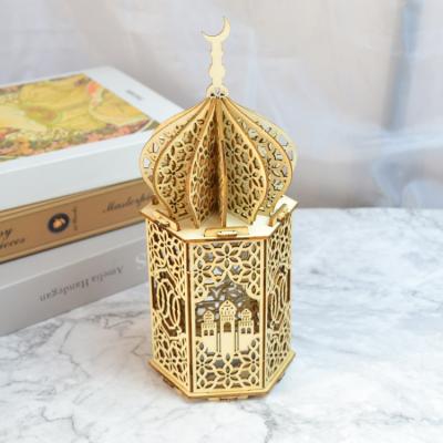 DIY islamic mosque eid mubarak kaaba laser carving wooden lantern night light for muslim ramadan decorations