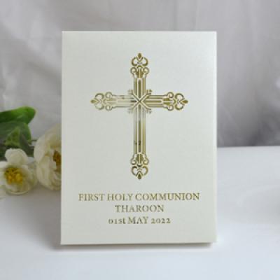 laser cut cross first communion invitation card with custom baptism chalice invitation box